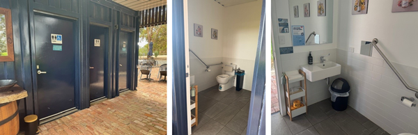 3 images of the bathroom facilities, outside bathroom, inside bathroom looking at the toilet and handrail and the other image is over looking the hand washing area