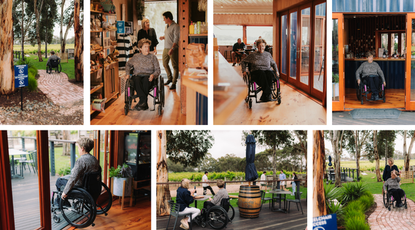 images of the accessible areas at Kimbolton cellar door, inside cellar door, the path leading from the carpark, sitting at the table outside on the deck